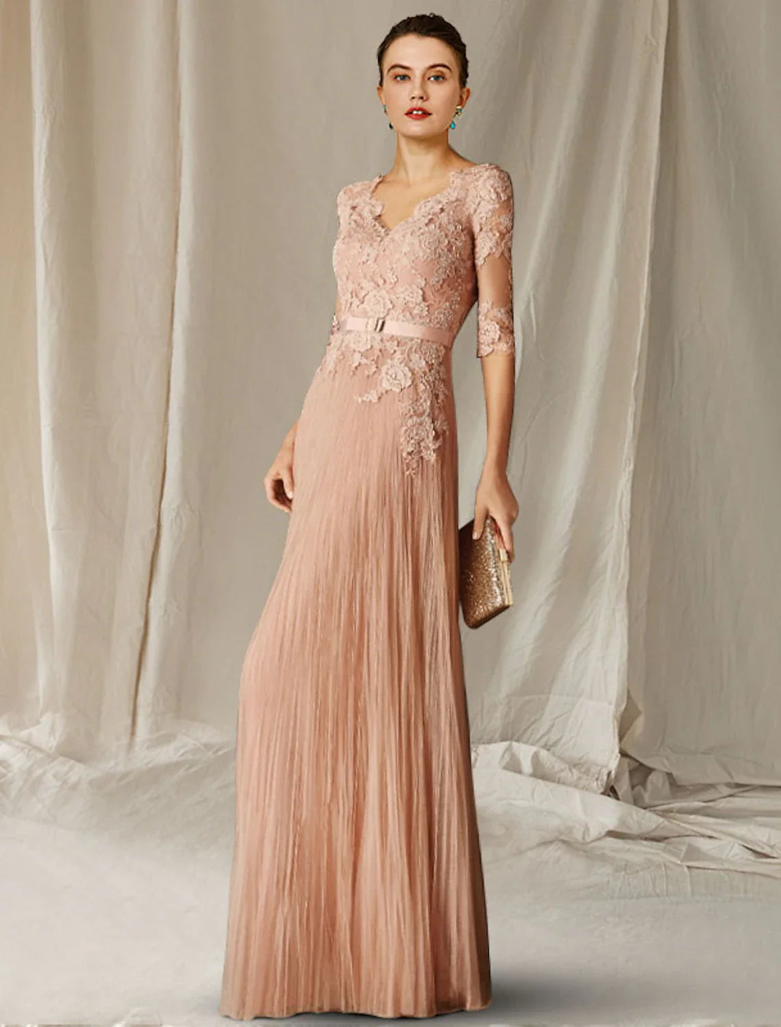 Wholesale A-Line Mother of the Bride Dress Wedding Guest Luxurious Elegant V Neck Floor Length Lace Tulle Half Sleeve with Pleats Appliques Fall